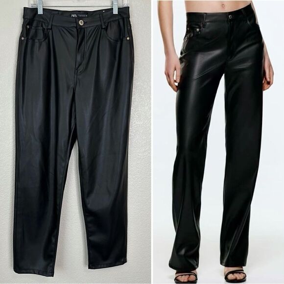 Zara Black Faux Leather Straight Leg High Rise Pants, Size 8 - Picture 1 of 13